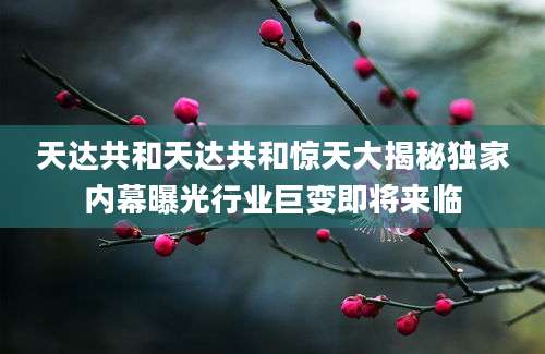 天达共和天达共和惊天大揭秘独家内幕曝光行业巨变即将来临